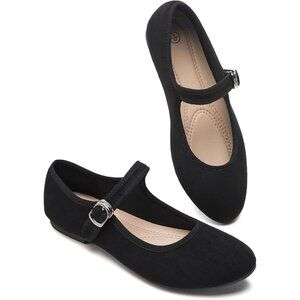 Babudog Womens Black Faux Suede Rounded Toe Mary Jane Ballets Flats with Strap